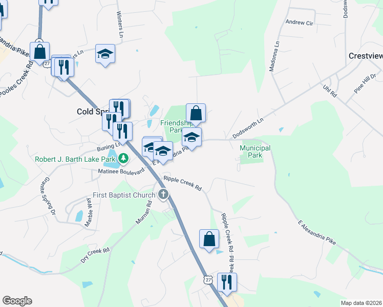 map of restaurants, bars, coffee shops, grocery stores, and more near 5607 East Alexandria Pike in Cold Spring
