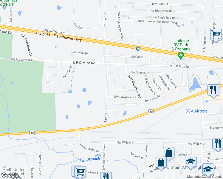 map of restaurants, bars, coffee shops, grocery stores, and more near 211 Barr Road in Grain Valley