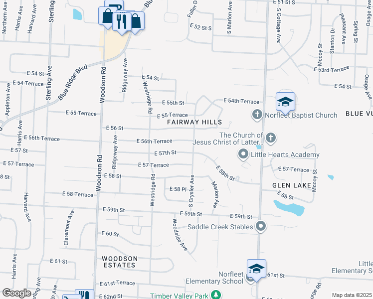 map of restaurants, bars, coffee shops, grocery stores, and more near 12215 East 56th Terrace in Kansas City