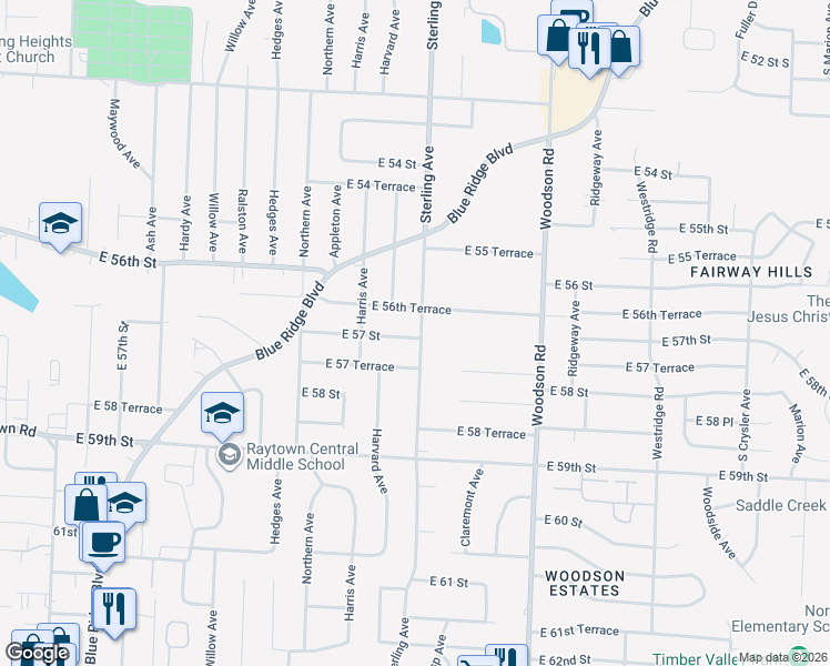 map of restaurants, bars, coffee shops, grocery stores, and more near 11121 East 56th Terrace in Raytown