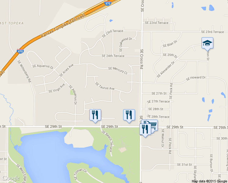 map of restaurants, bars, coffee shops, grocery stores, and more near 3416 Southeast Taurus Avenue in Topeka