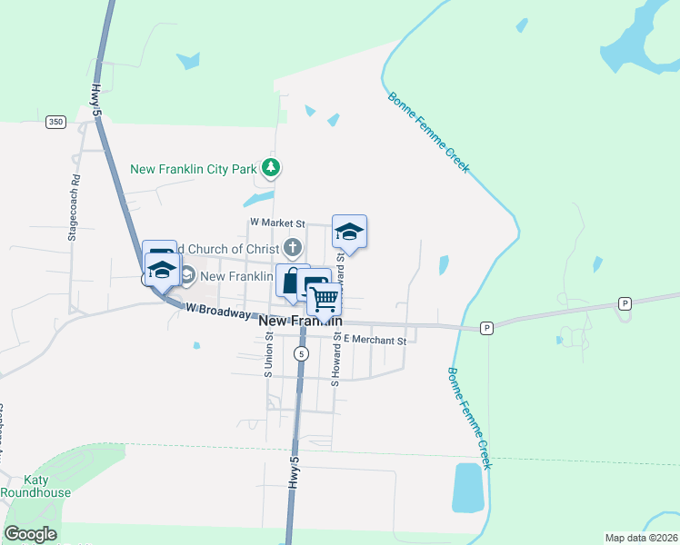 map of restaurants, bars, coffee shops, grocery stores, and more near 204 North Howard Street in New Franklin