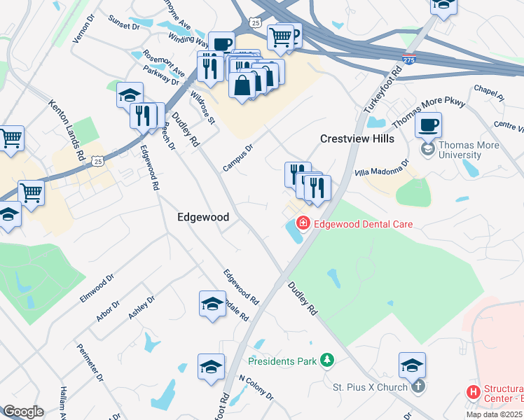 map of restaurants, bars, coffee shops, grocery stores, and more near 84 Francis Court in Edgewood