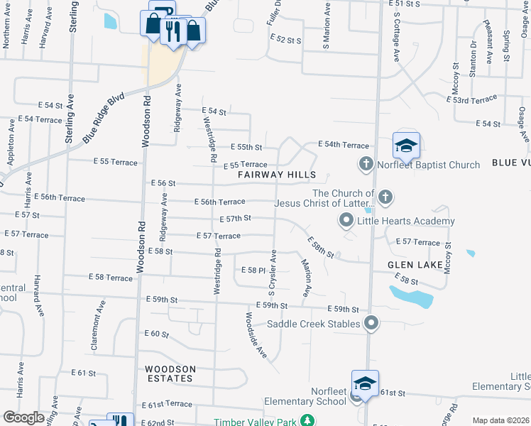 map of restaurants, bars, coffee shops, grocery stores, and more near 12215 East 56th Terrace in Kansas City