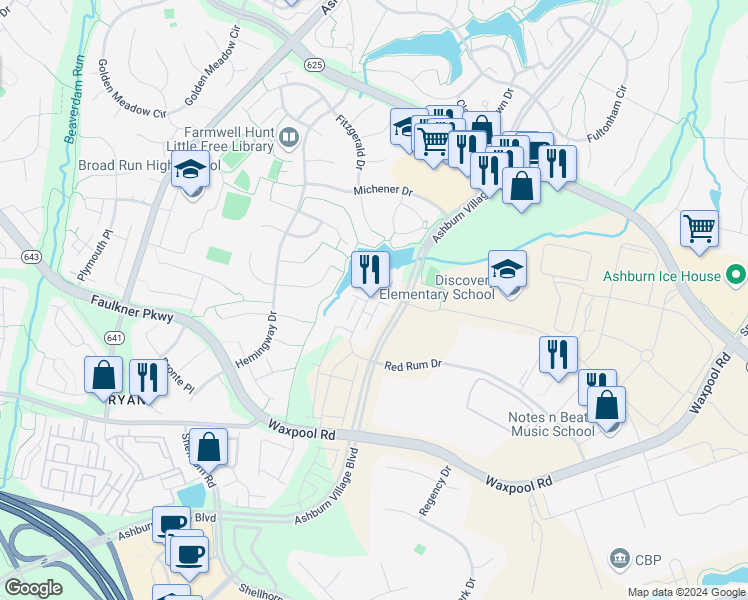 map of restaurants, bars, coffee shops, grocery stores, and more near 21596 Romans Drive in Ashburn