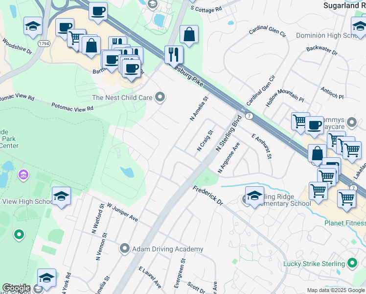 map of restaurants, bars, coffee shops, grocery stores, and more near 300 West Charlotte Street in Sterling