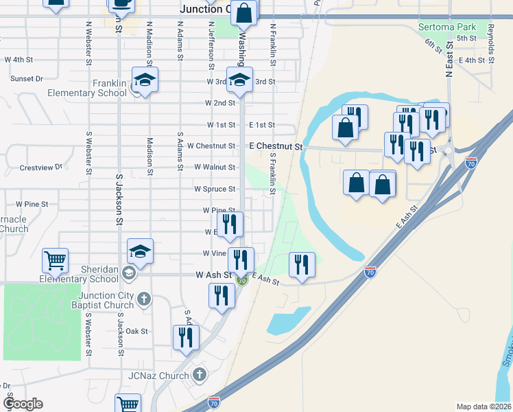 map of restaurants, bars, coffee shops, grocery stores, and more near 400-430 S Franklin St in Junction City
