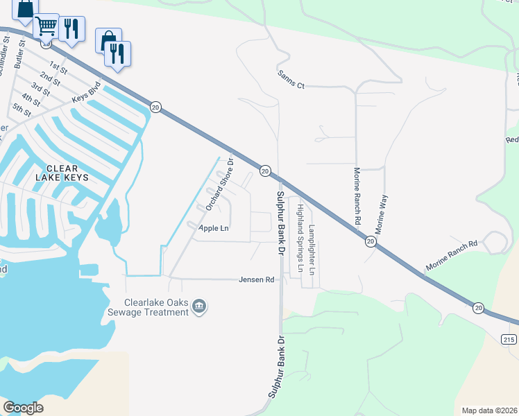 map of restaurants, bars, coffee shops, grocery stores, and more near 13924 Chestnut Circle in Clearlake Oaks