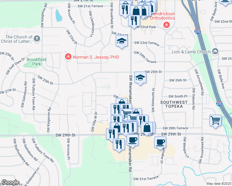map of restaurants, bars, coffee shops, grocery stores, and more near 6036 Southwest 27th Street in Topeka