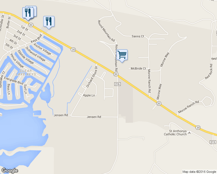 map of restaurants, bars, coffee shops, grocery stores, and more near 13924 Chestnut Circle in Clearlake Oaks