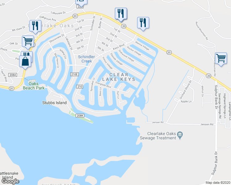 map of restaurants, bars, coffee shops, grocery stores, and more near 13296 Surf Lane in Clearlake Oaks