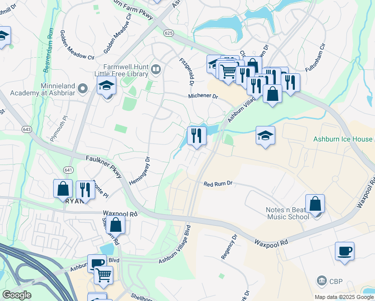 map of restaurants, bars, coffee shops, grocery stores, and more near 21671 Charity Terrace in Ashburn
