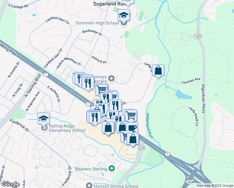 map of restaurants, bars, coffee shops, grocery stores, and more near 46950 Jennings Farm Drive in Sterling