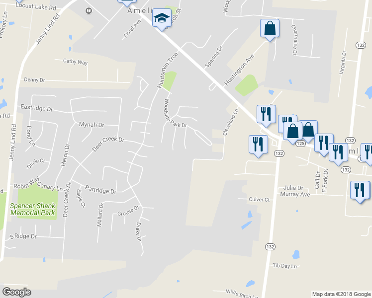map of restaurants, bars, coffee shops, grocery stores, and more near 9 Belwood Court in Amelia