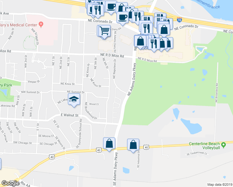 map of restaurants, bars, coffee shops, grocery stores, and more near 481 Northeast Adams Dairy Parkway in Blue Springs
