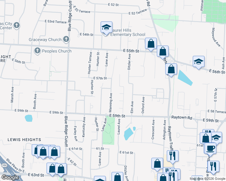map of restaurants, bars, coffee shops, grocery stores, and more near 5640 Laurel Avenue in Raytown
