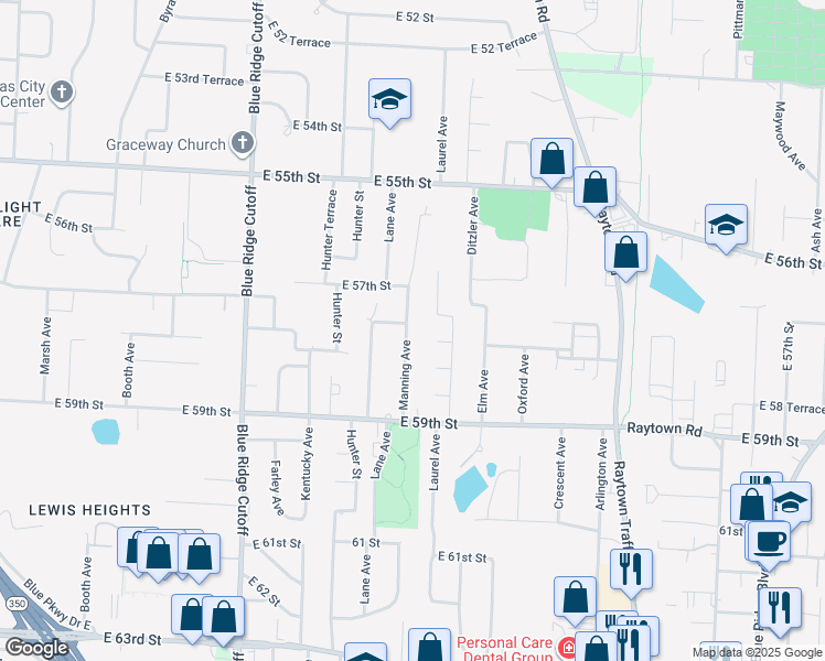 map of restaurants, bars, coffee shops, grocery stores, and more near 5640 Laurel Avenue in Raytown