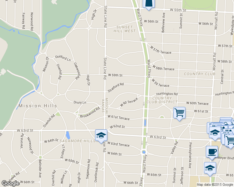 map of restaurants, bars, coffee shops, grocery stores, and more near 1249 Stratford Road in Kansas City