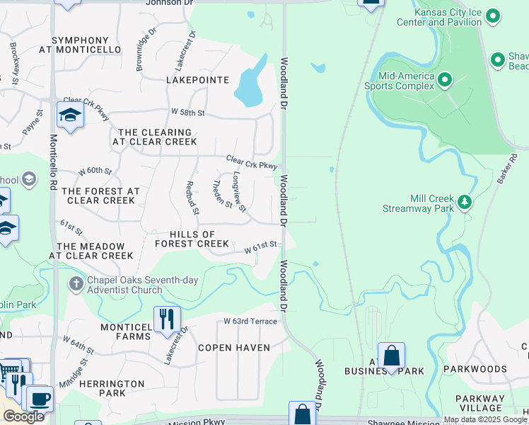 map of restaurants, bars, coffee shops, grocery stores, and more near 6019 Woodstock Street in Shawnee