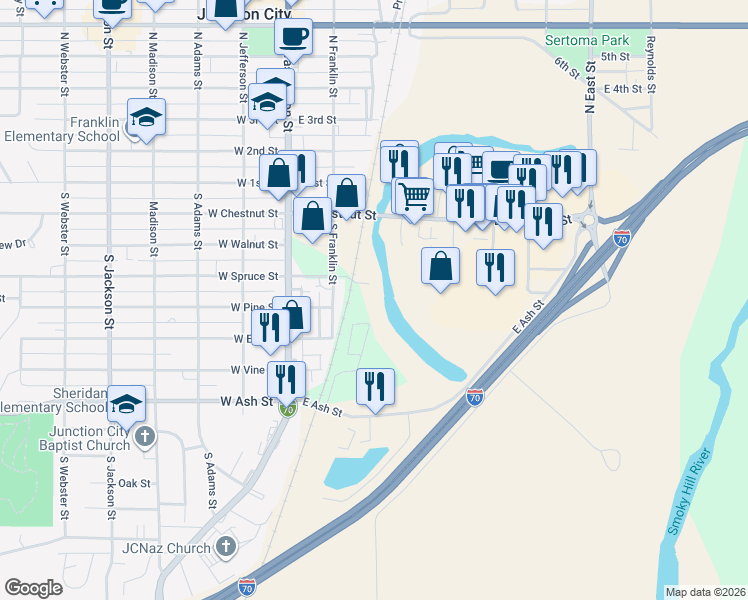 map of restaurants, bars, coffee shops, grocery stores, and more near 211 Spruce Street in Junction City