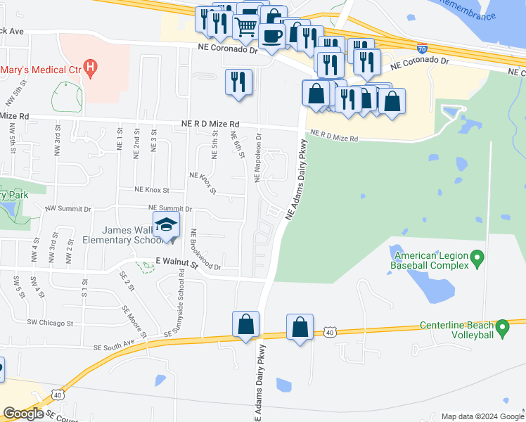 map of restaurants, bars, coffee shops, grocery stores, and more near 453 Northeast Adams Dairy Parkway in Blue Springs