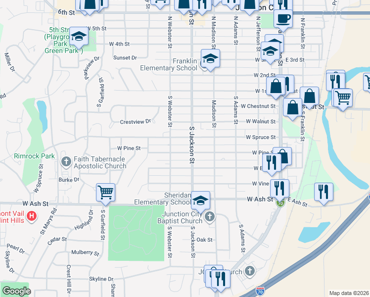 map of restaurants, bars, coffee shops, grocery stores, and more near 512 West Pine Street in Junction City