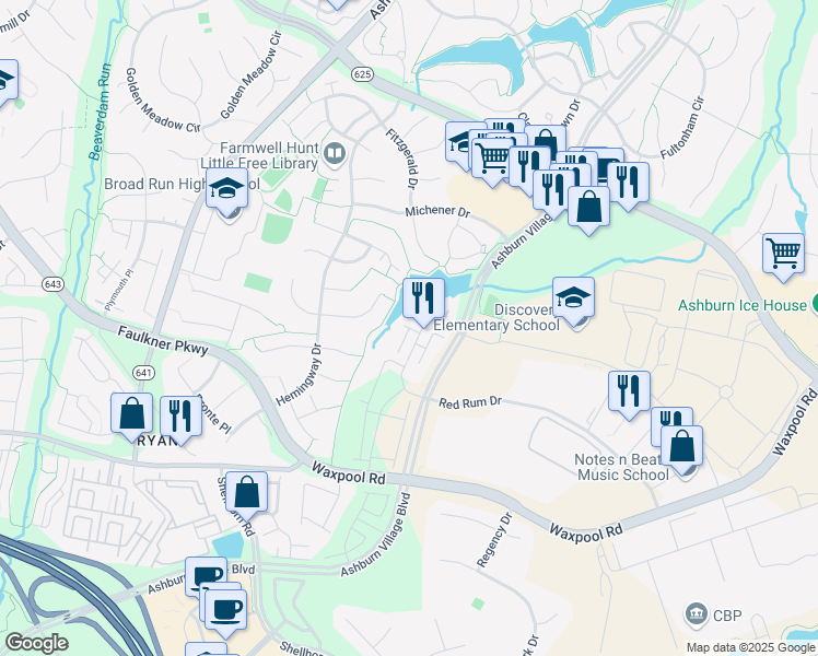 map of restaurants, bars, coffee shops, grocery stores, and more near Charity Terrace in Ashburn