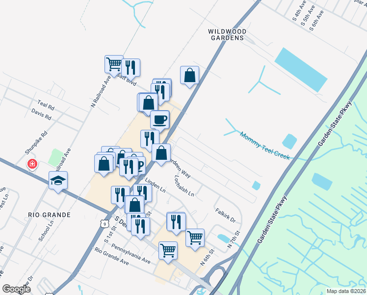 map of restaurants, bars, coffee shops, grocery stores, and more near 10 Priest Boulevard in Middle Township