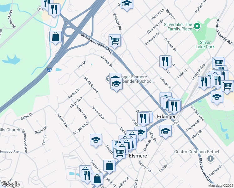 map of restaurants, bars, coffee shops, grocery stores, and more near 305 Bartlett Avenue in Erlanger