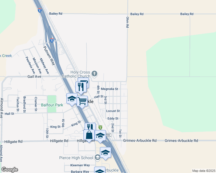 map of restaurants, bars, coffee shops, grocery stores, and more near 101 3rd Street in Arbuckle