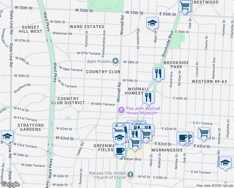 map of restaurants, bars, coffee shops, grocery stores, and more near 401 West 59 Terrace in Kansas City