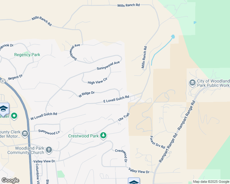 map of restaurants, bars, coffee shops, grocery stores, and more near 205 East Ridge Drive in Woodland Park
