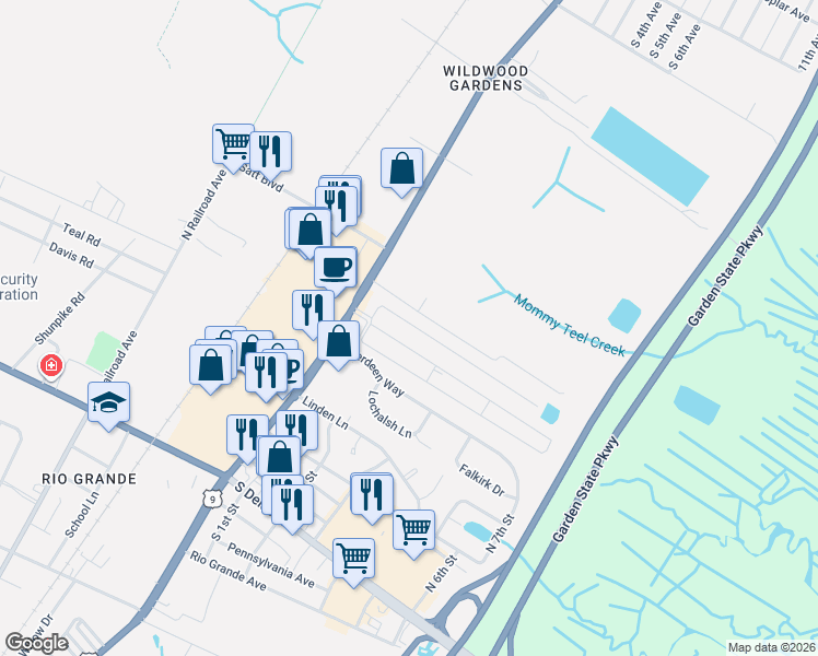 map of restaurants, bars, coffee shops, grocery stores, and more near 10 Priest Boulevard in Middle Township