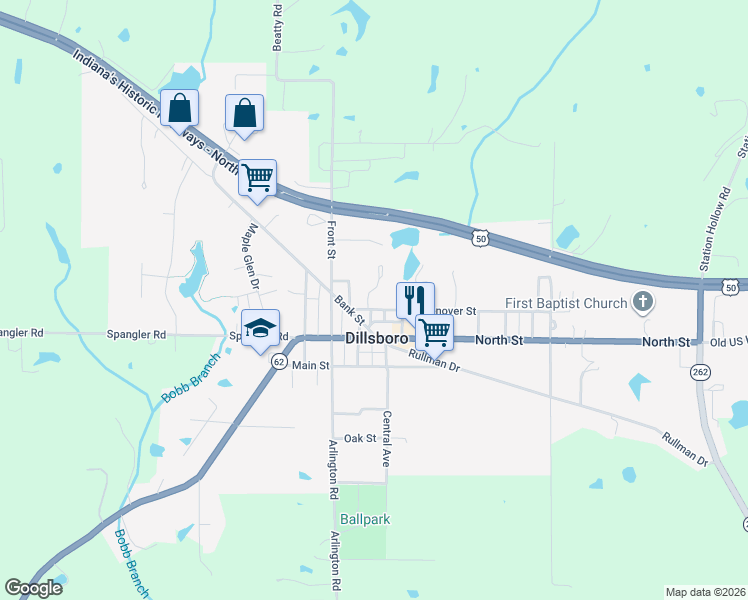 map of restaurants, bars, coffee shops, grocery stores, and more near 10145 Alpha Drive in Dillsboro