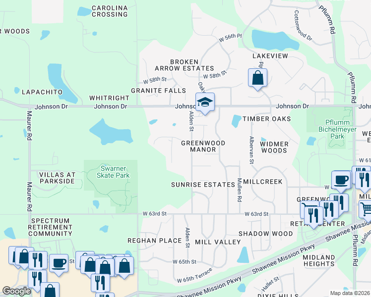 map of restaurants, bars, coffee shops, grocery stores, and more near 6015 Alden Street in Shawnee