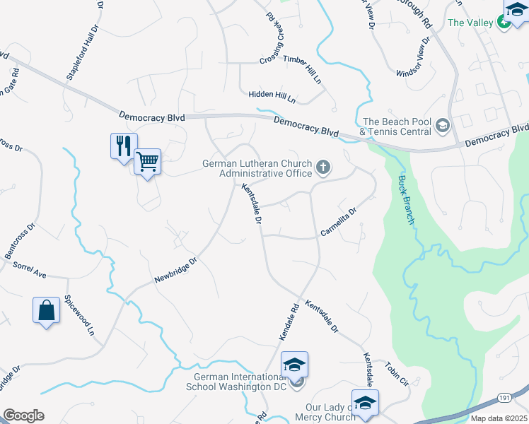 map of restaurants, bars, coffee shops, grocery stores, and more near 9921 Kentsdale Drive in Potomac