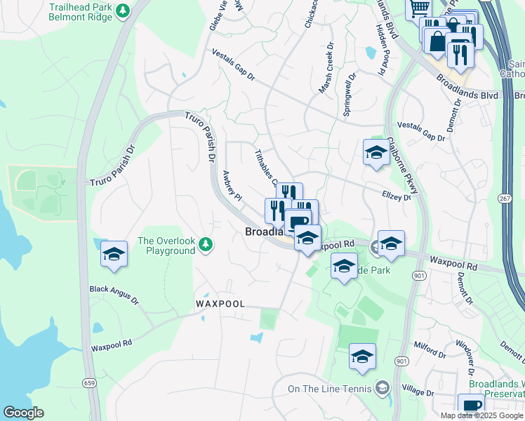 map of restaurants, bars, coffee shops, grocery stores, and more near 21594 Awbrey Place in Broadlands