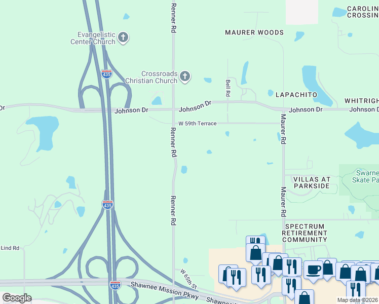 map of restaurants, bars, coffee shops, grocery stores, and more near 6040 Renner Road in Shawnee