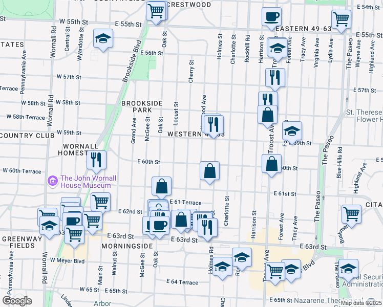 map of restaurants, bars, coffee shops, grocery stores, and more near 5927 Cherry Street in Kansas City