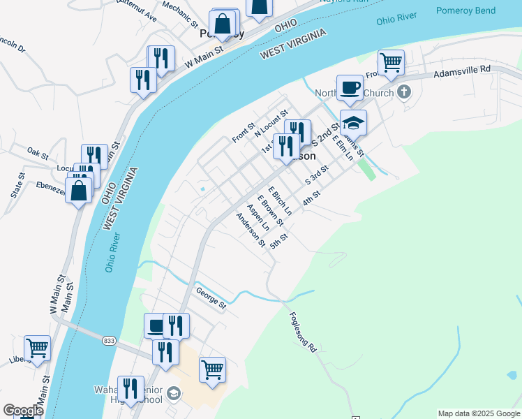 map of restaurants, bars, coffee shops, grocery stores, and more near 2-4 Aspen Lane in Mason