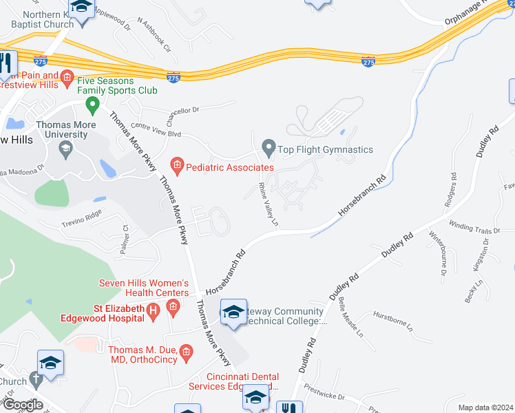 map of restaurants, bars, coffee shops, grocery stores, and more near 561 Napa Valley Lane in Crestview Hills
