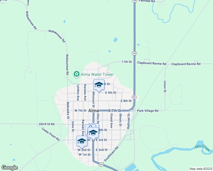 map of restaurants, bars, coffee shops, grocery stores, and more near 215 East 9th Street in Alma