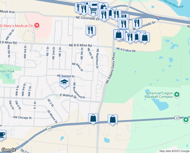map of restaurants, bars, coffee shops, grocery stores, and more near 481 Northeast Adams Dairy Parkway in Blue Springs