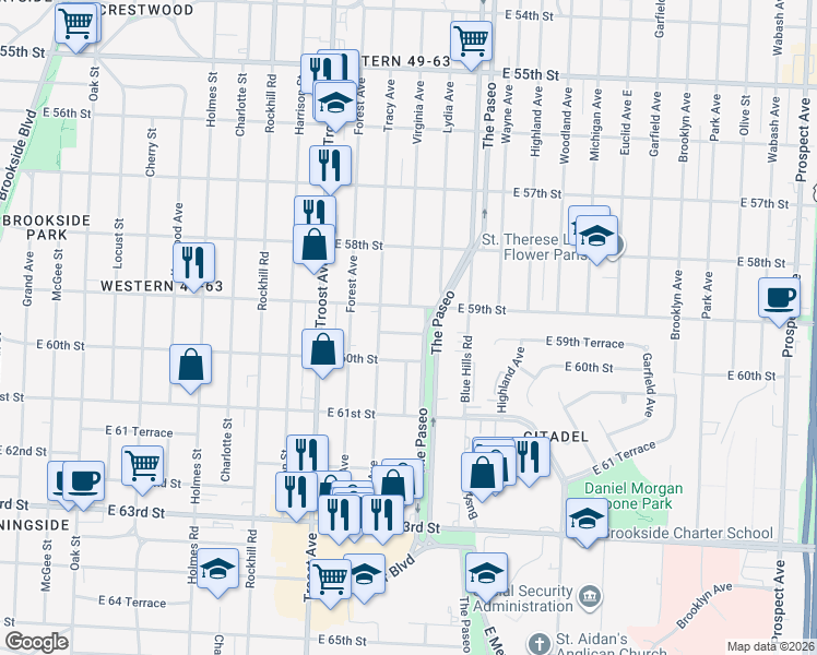 map of restaurants, bars, coffee shops, grocery stores, and more near 5904 The Paseo in Kansas City