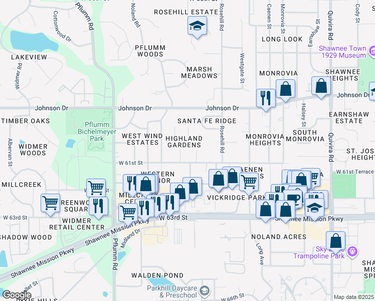map of restaurants, bars, coffee shops, grocery stores, and more near 6003 Parkhill Street in Shawnee