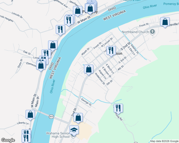 map of restaurants, bars, coffee shops, grocery stores, and more near 322 Anderson Street in Mason