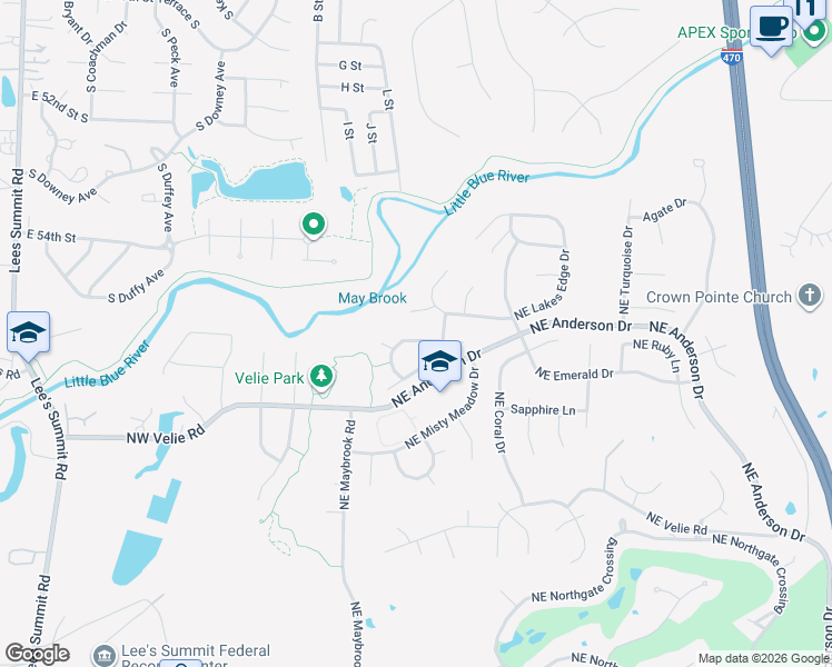 map of restaurants, bars, coffee shops, grocery stores, and more near 105 Northeast Parks View Court in Lee's Summit