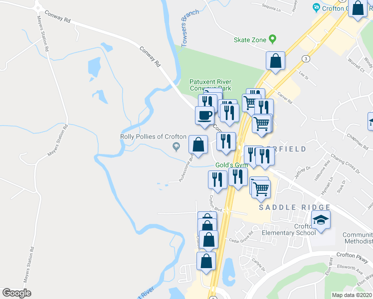 map of restaurants, bars, coffee shops, grocery stores, and more near 1610 Professional Boulevard in Crofton