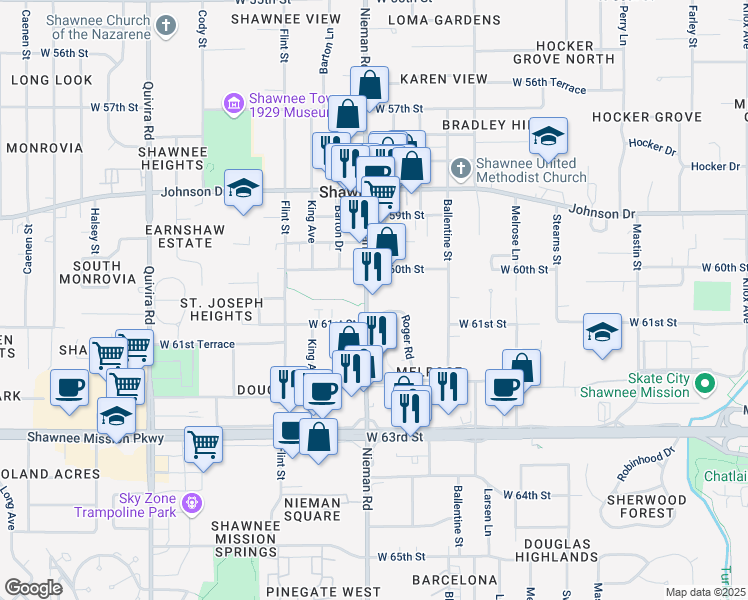 map of restaurants, bars, coffee shops, grocery stores, and more near 6000 Roger Road in Shawnee