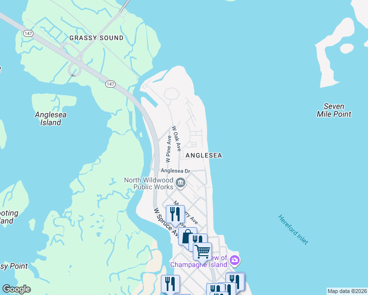 map of restaurants, bars, coffee shops, grocery stores, and more near in North Wildwood